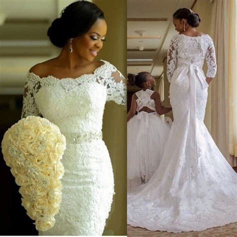 Lace Mermaid Wedding Dress Plus Size Bride Dress Boat Neck Three