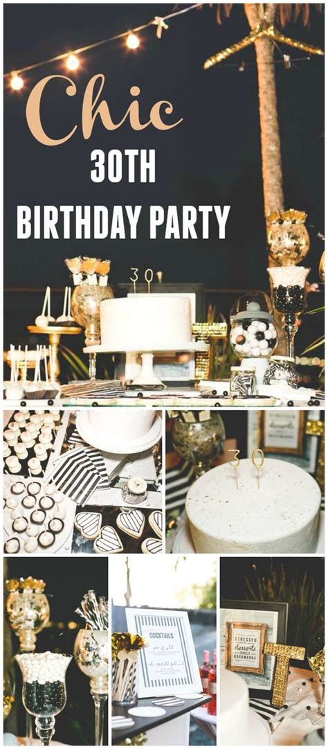 Stripes And Glitter Birthday Chic Black White Gold 30th Birthday Party Catch My Party