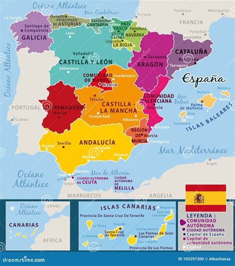 Mapa Colorido De Espa A Pa Ses Federales Y Ciudades Importantes