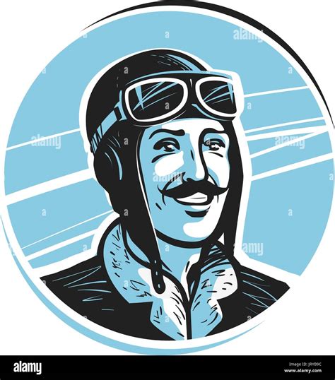 Portrait Of Happy Pilot In Cap Aviator Airman Label Or Logo Mascot