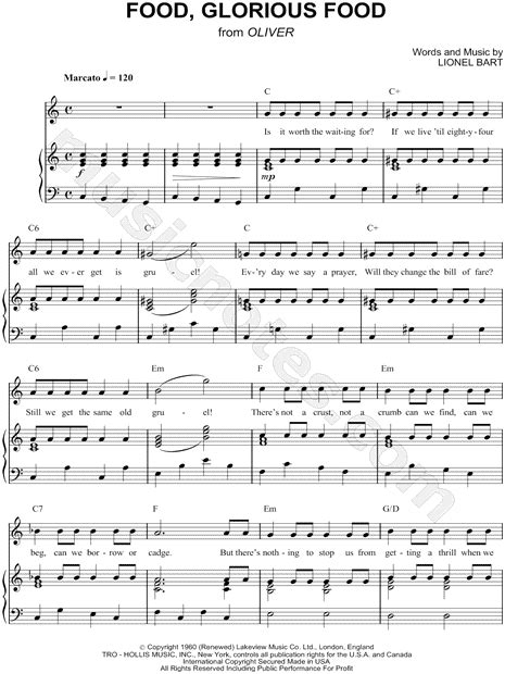 What wouldn't we give for that extra bit more that's all we live for why should we be fated to do nothing but brood on food magical food, wonderful food. "Food, Glorious Food" from 'Oliver!' Sheet Music in C ...