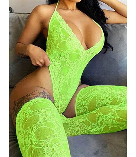 Plus Size Deep V Lace Halter Bodysuit And Stockings Two Piece Set 210605388