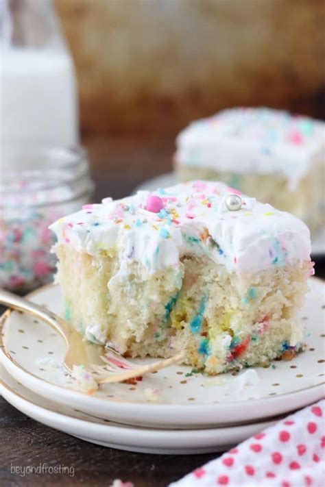 this homemade funfetti poke cake is a moist vanilla cake loaded with sprinkles it has a vanilla