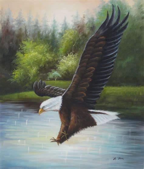 American Bald Eagle Strike Water Oil Painting Animal Naturalism 24 X 20