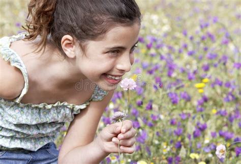 Cute Little Girl Sitting On Field Of Flowers Stock Image Image Of