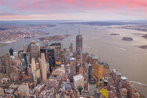Aerial View Of Manhattan Skyline At Sunset New York City Editorial