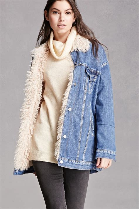 A Denim Jacket Featuring A Faux Fur Lining Basic Collar Button Front Long Dropped Sleeves Wi