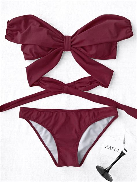 15 OFF 2020 Padded Off Shoulder Wrap Bikini Set In BURGUNDY ZAFUL