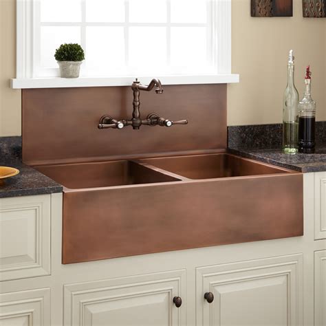 Sinkology orwell handmade solid antique copper kitchen sink this farmhouse copper sink makes a bold statement with its strong lines and distinctive finish. 36" Christina Double-Bowl Farmhouse Sink with High ...