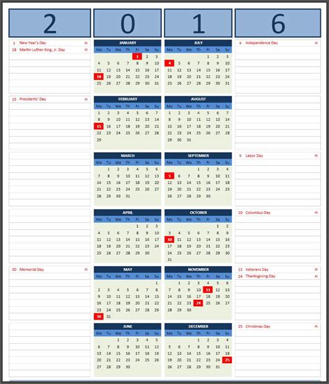 2016 Calendars Excel Calendars