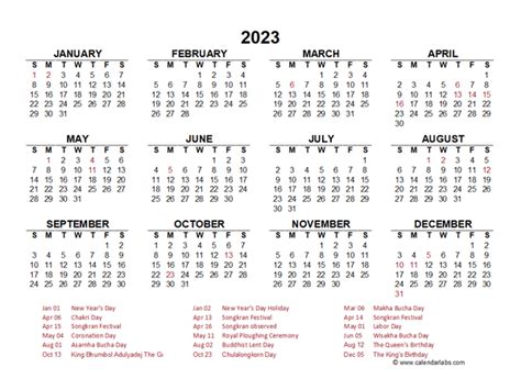 2023 Year At A Glance Calendar With Thailand Holidays Free Printable