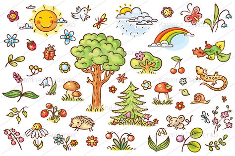 Cartoon Nature Set With Trees Flowers Berries And Small Forest