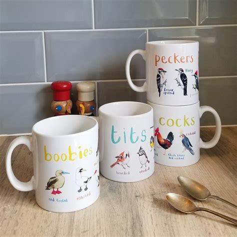 Set Of 4 Ceramic Bird Pun Mugs Tits Boobies Cocks And Peckers