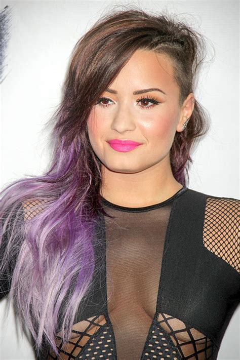Demi Lovato Wavy Medium Brown Purple Dip Dyed Side Part