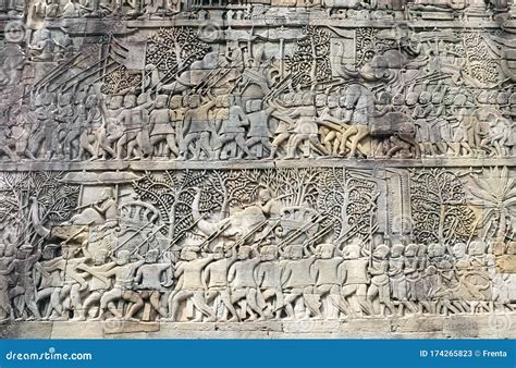 Wall Carving Of Prasat Bayon Temple Angkor Wat Siem Reap Cambodia