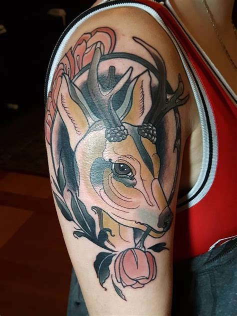 Tattoo Uploaded By Laura Kd Neo Traditional Deer And Roses Tattoo