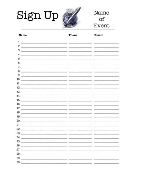 Sign Up Sheet Printable Template