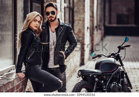 Romantic Biker Couple Black Motorcycle Handsome Stock Photo 1094530316
