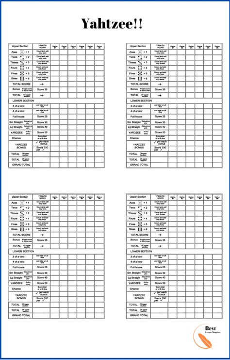 Printable Yahtzee Cards