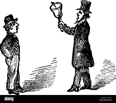 a man ringing bell and another man standing next to him vintage line drawing or engraving