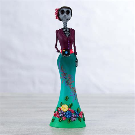 Hand Painted Ceramic Catrina Sculpture In Teal And Eggplant Catrina