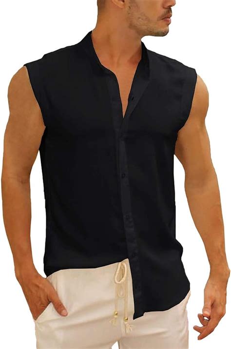 bbalizko mens sleeveless button down shirts linen cotton summer beach basic tank t shirt tops at