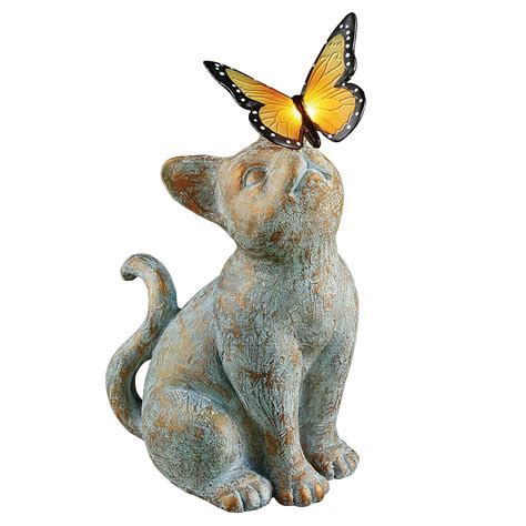 Collections Etc Antique Finish Cat With Solar Butterfly Landing On Its