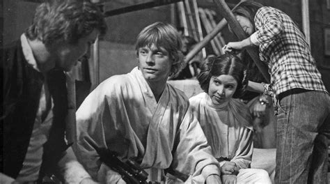 Harrison Ford Mark Hamill And Carrie Fisher On The Set Of Star Wars