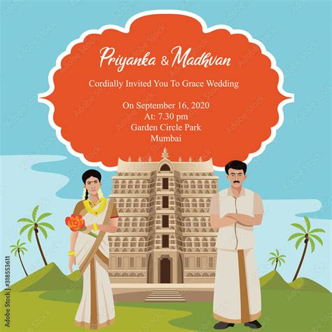Indian Kerala Wedding Card Invitation Design Template With Temple