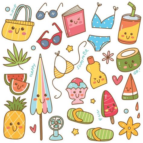 Premium Vector Set Of Summer Related Object In Kawaii Doodle Style