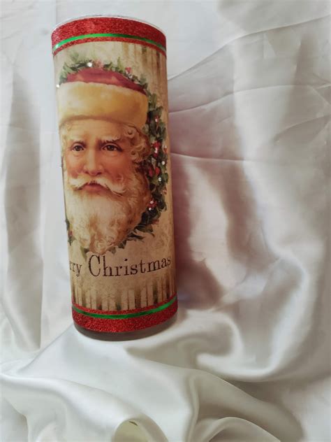Vintage Santa Merry Christmas Red Green Luminary Candle Holder Etsy
