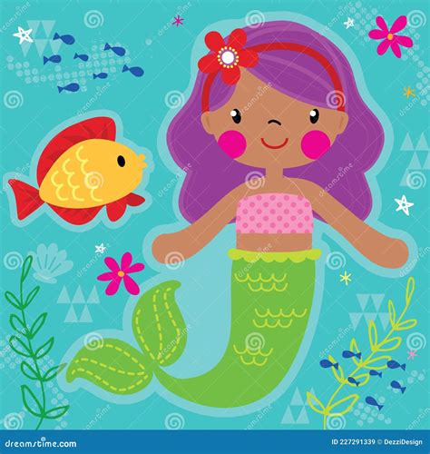 Sweet Mermaid With Fish Friends Cartoon Vector