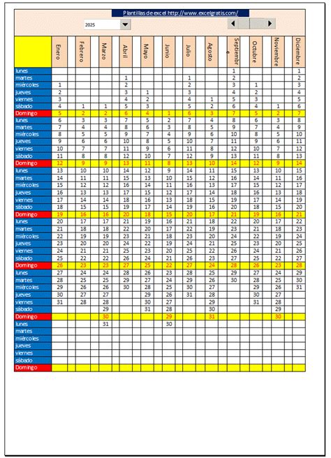 Plantilla De Calendario Anual Vertical Excel Gratis