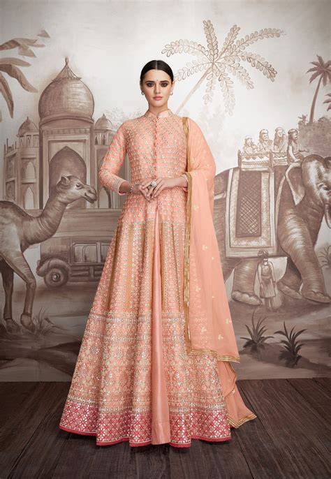 Peach Georgette Abaya Style Salwar Kameez Suits Online Ready Etsy In 2021 Indian Designer