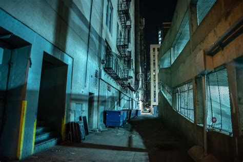 Dark And Eerie Downtown City Alley At Night Stock Photo Image Of