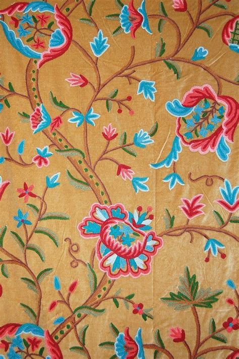 Chenille Velvet Crewel Embroidered Fabric Beige Multicolor Cv401