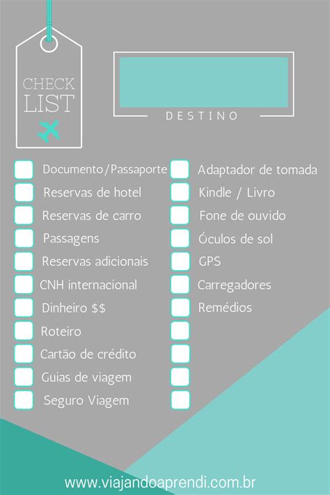 Aqui está meu checklist de viagem Uso sempre e espero que possa ajudar