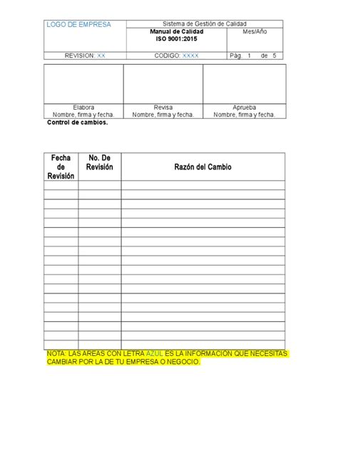 Plantilla Manual Calidad Iso 2015 Ejemplodoc Sistema De Manejo De