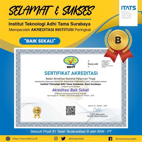 Selain akreditasi dari ban pt, dalam rangka peningkatan mutu manajemen, saat ini fhui juga sedang mengupayakan sertifikasi dari: Selamat! ITATS Mendapatkan Akreditasi "B" (Baik Sekali ...