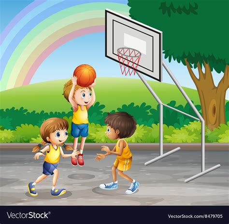 Three Children Playing Basketball At The Court Vector Image