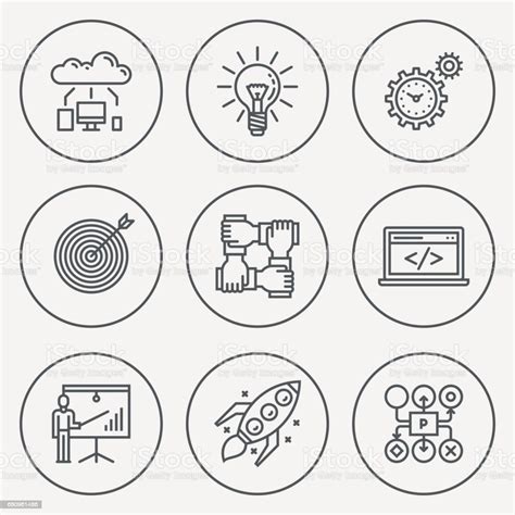 Modern Startup Business Circle Mono Linear Icon Set Trendy Simple Line