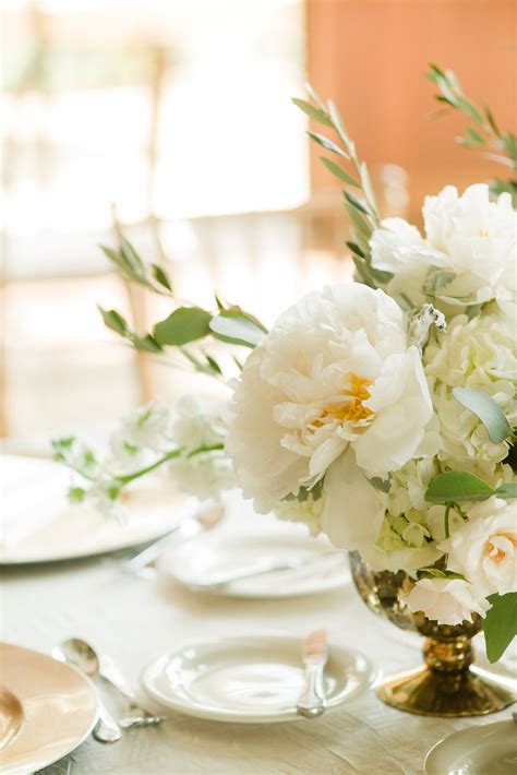 Low Lush Centerpiece With White Peonies Olive Branch Ivory Majolica