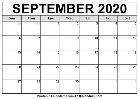 Printable September 2020 Calendar Templates
