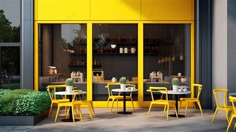 테이블과 의자가 있는 노란색 외관을 갖춘 빈 간판 야외 커피숍의 d 렌더링 레스토랑 건물 카페 숍 야외 카페 배경