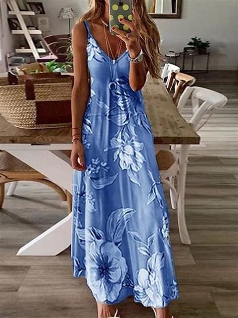 Womens Maxi Long Dress Sleeveless Floral Print Summer V Neck Hot