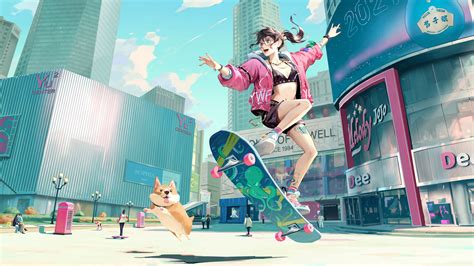 3840x2160 Skyline Anime Girl Skateboard With Dog 4k Hd 4k Wallpapers
