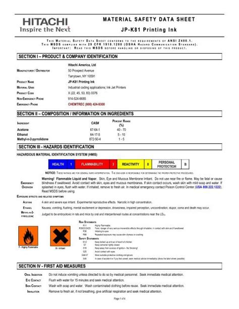 JP K81 Printing Ink Material Safety Data Sheet Hitachi America Ltd