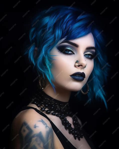 Premium Ai Image A Woman With Blue Hair And Blue Eyes And A Tattoo On Her Face
