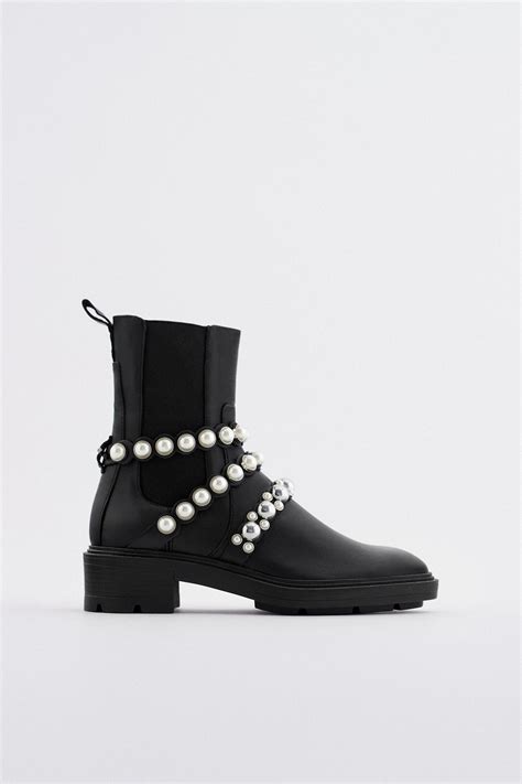 Zara Flatform Leather Ankle Boots With Faux Pearl Straps