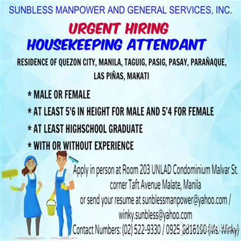 Urgent Hiring Housekeeping Attendant For Ncr And South Provincial Postads Ph